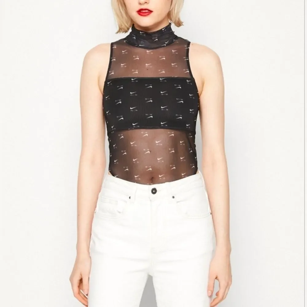 Nike Air Mock Neck All-Over Print Bodysuit Black Mesh Women’s Size M DV8243-010